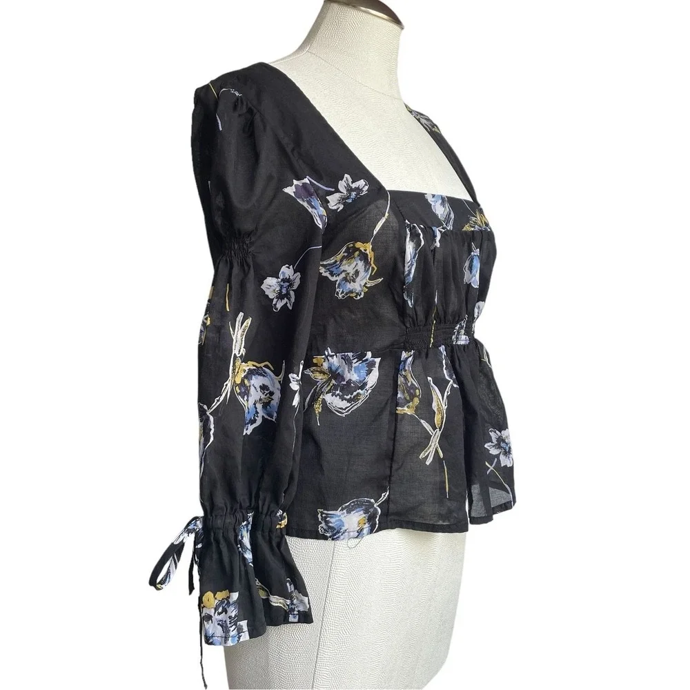 Free People Women's Floral Blouse‎ Black Square Neck Long Sleeve Tie Cuff Top S